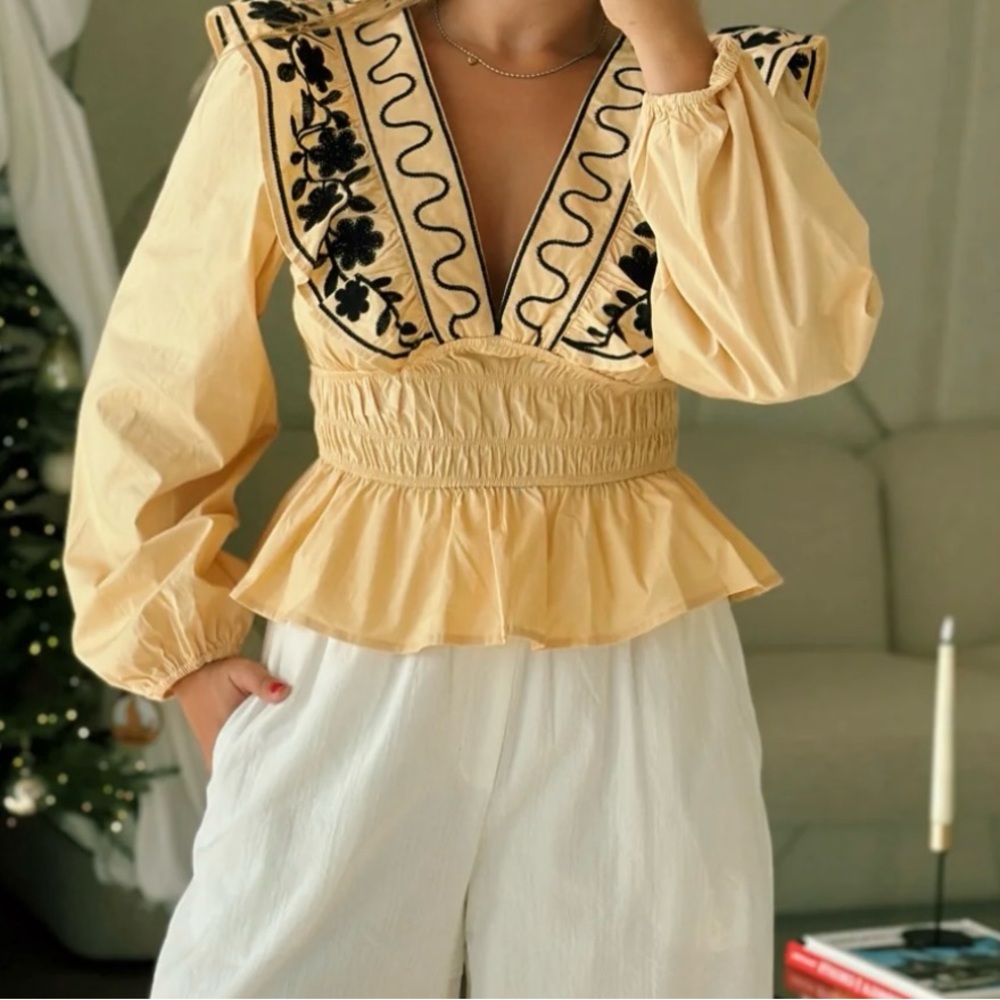 Peplum Blouse with Embellished Long Sleeves